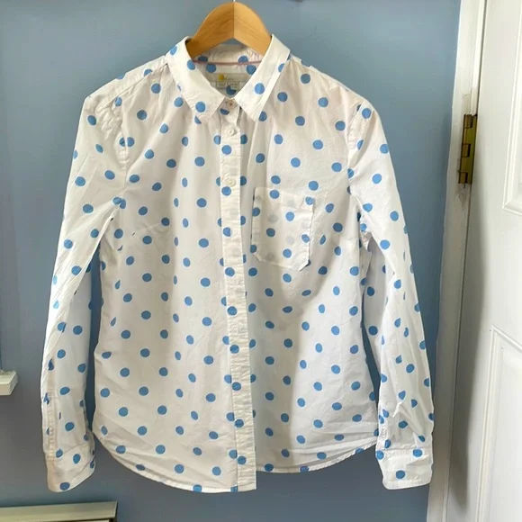 Boden White Button-Down Shirt with Light Blue Polka Dots - Picture 2 of 6